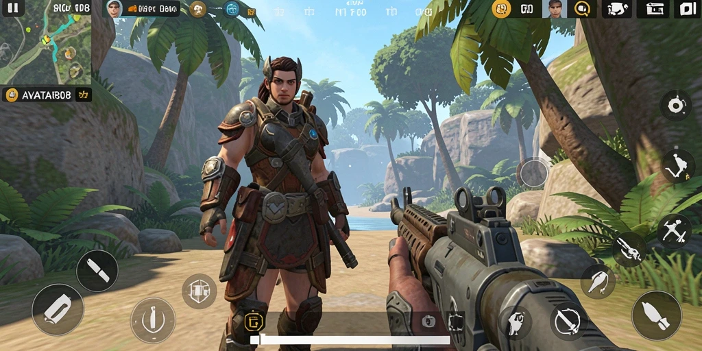 Tangkapan layar gameplay AVATAR808 yang menampilkan aksi tembak-menembak yang intens.
