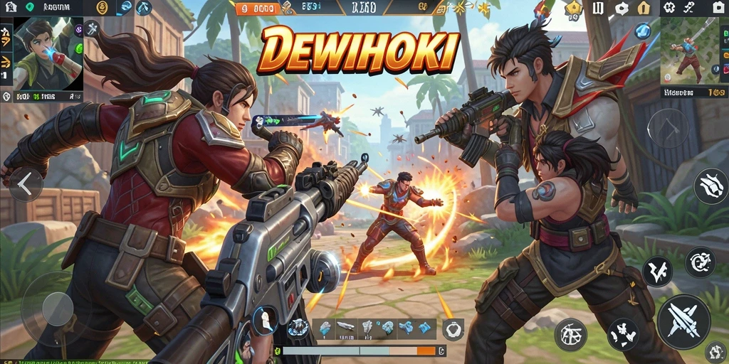Tampilan aksi seru dalam gameplay DEWIHOKI saat pertempuran intens.