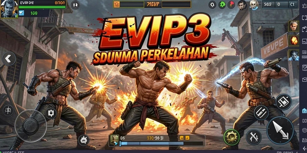 Tangkapan layar utama EVIP3 menunjukkan aksi pertarungan yang seru.