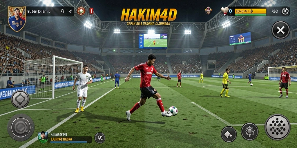 Screenshot gameplay HAKIM4D menampilkan aksi pertandingan sepak bola yang mendebarkan.