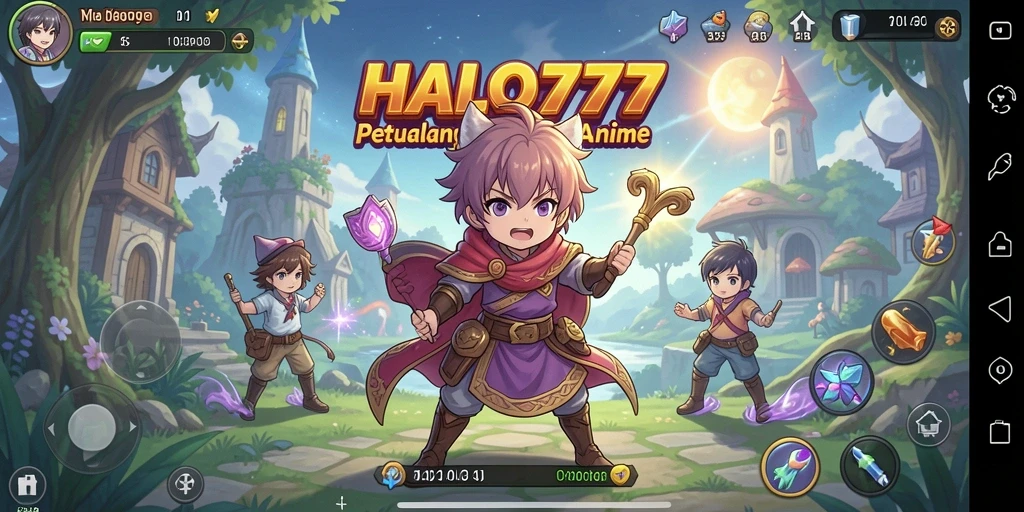 Tampilan gameplay HALO777 yang penuh aksi dan karakter anime.