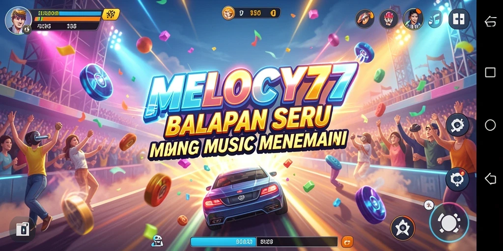 Screenshot gameplay MELODY77 menampilkan aksi balap yang mendebarkan.