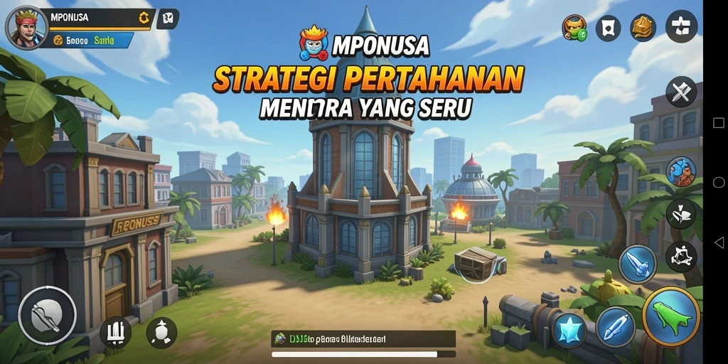 Screenshot gameplay MPONUSA menampilkan aksi menyerang musuh dengan menara.