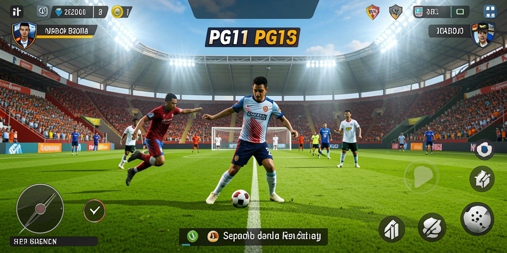 Screenshot dari gameplay PG11 yang menunjukkan aksi pertandingan sepak bola.