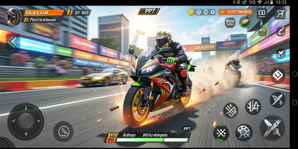 Tampilan mendebarkan dari gameplay PP7 dengan balapan motor yang intens.