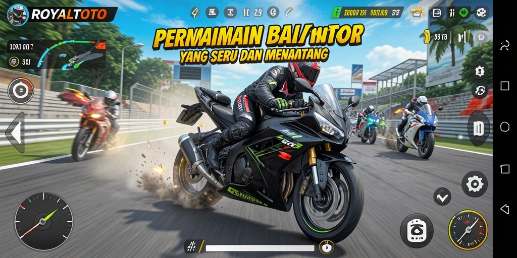 Screenshot gameplay ROYALTOTO dengan aksi balap motor yang mendebarkan.