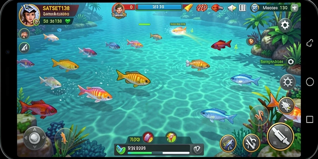 Screenshot gameplay SATSET138 dengan berbagai ikan berwarna-warni dan senjata menarik.